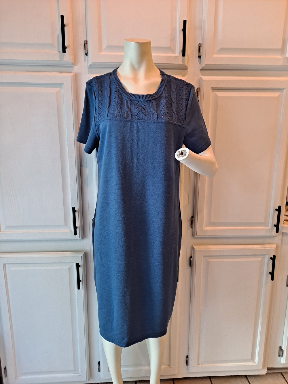 Nina Leonard Blue Knit Crochet And Cable Yoke Midi Dress Shift Sheath